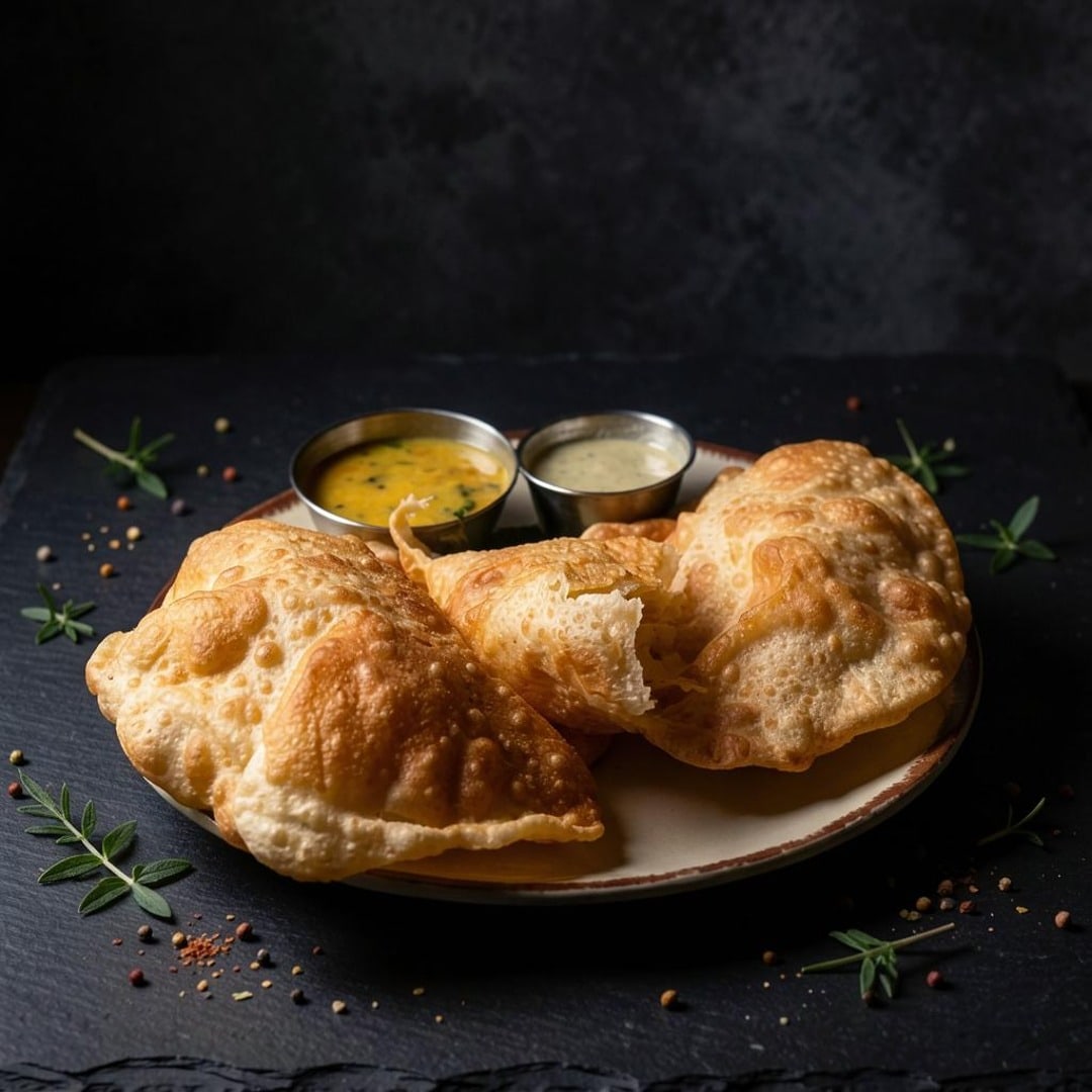 The same poori, restyled on dark slate with studio lighting